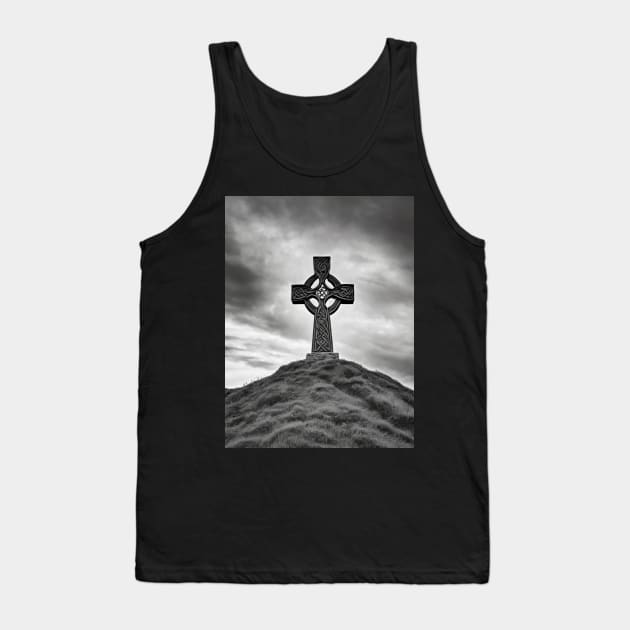 Ancient Stone Celtic Cross on a hill with the Sun shining through the cross in black and white. Tank Top by DesignsbyZazz